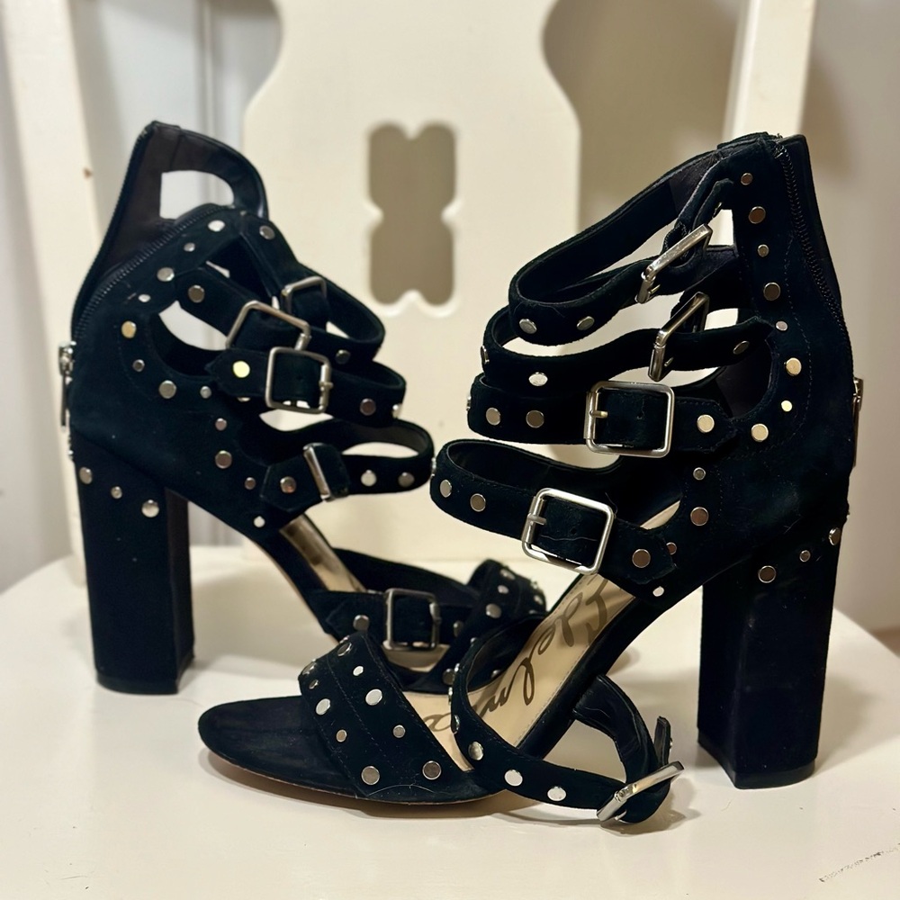 Sam Edelman Black Suede Silver Buckle Block Heel Shoes